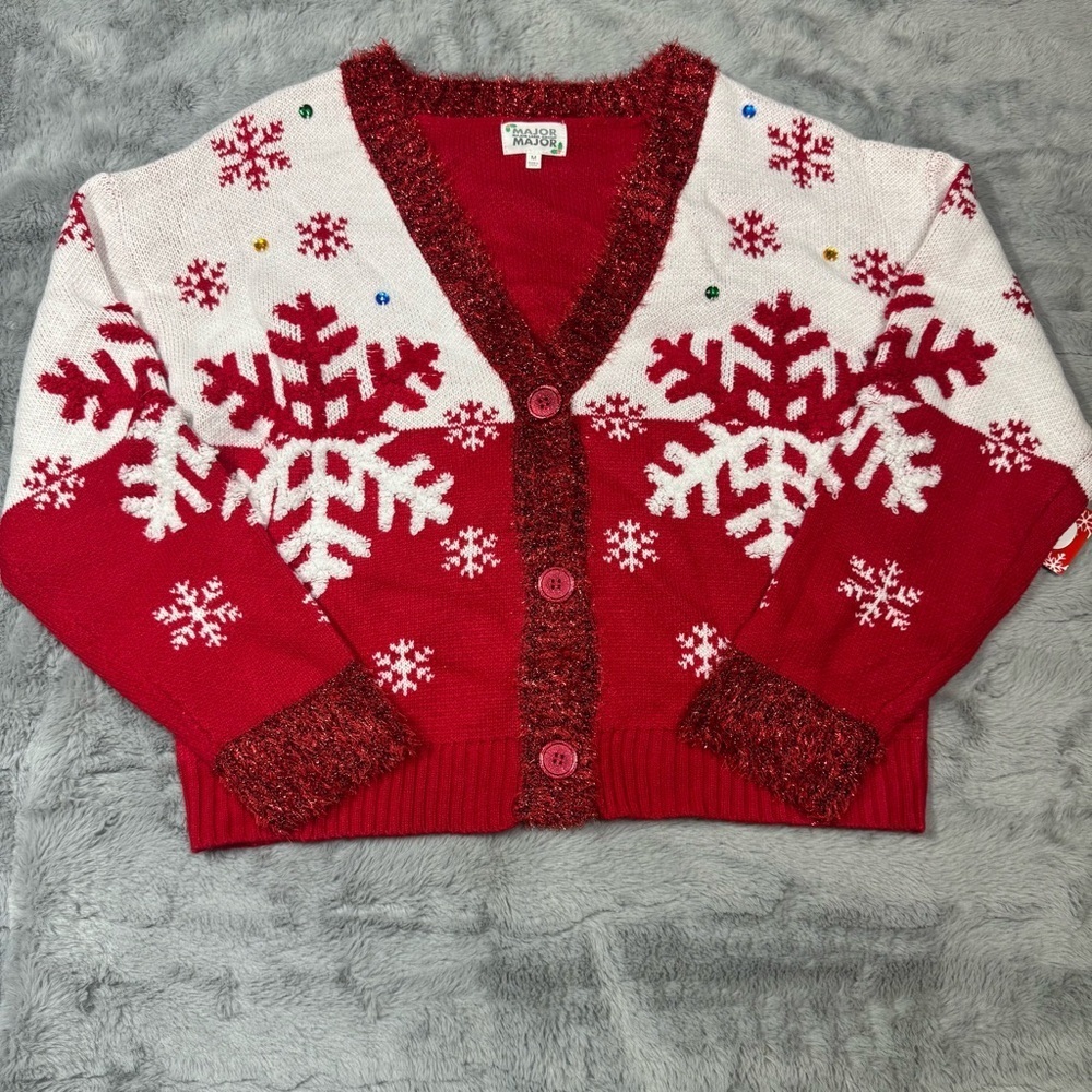 Major Label’s Womens Christmas Cardigan with Festive Snowflakes and Garland - Picture 1 of 12